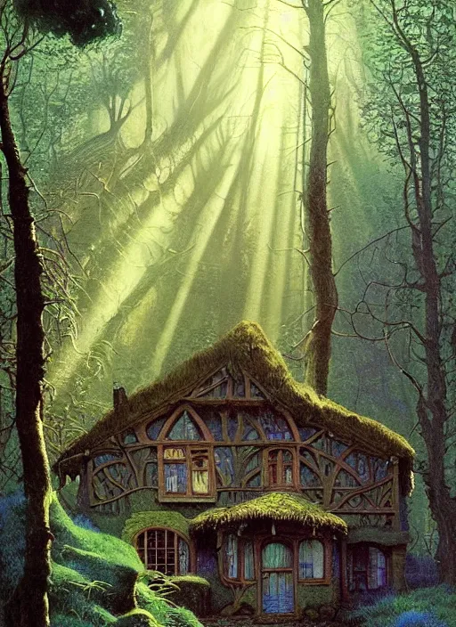 Image similar to hyper realistic witch cottage with mood lighting and technology in the woods gorgeous lighting, sunbeams blue sky, highly detailed, lush forest foliage painting by zdzisław beksinski and norman rockwell and greg rutkowski weta studio, and lucasfilm