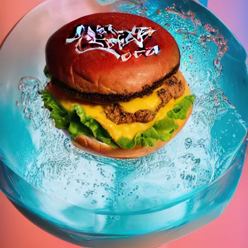 Image similar to a juicy hamburger swimming in a bowl of coca cola, 8 k resolution, studio lighting, sharp focus, professional food photography, hyper - detailed