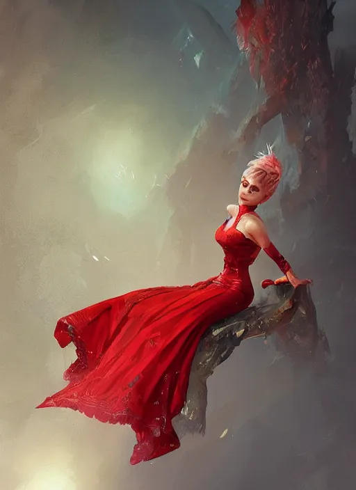 Image similar to Image of tiny pixie sitting on top of a human hand, D&D fantasy, wearing a red dress, intricate, highly detailed, digital painting, artstation, concept art, sharp focus, illustration, art by greg rutkowski and Ross Tran