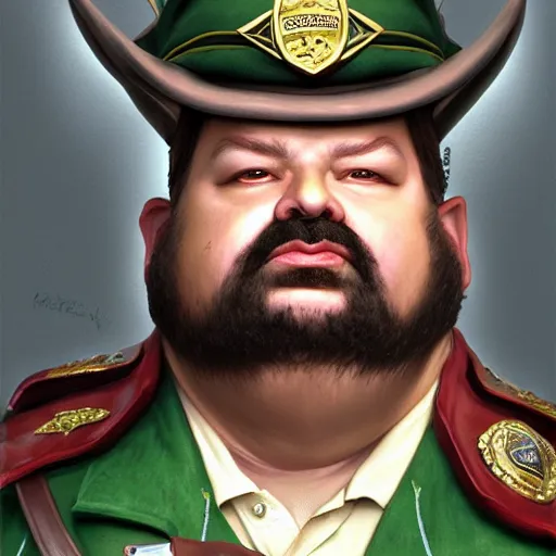 Prompt: a shifty fat high fantasy elf mall cop with a sheriff's badge, Oil Painting, hyperrealistic, octane render, Detailed Digital Art, RPG portrait, 3/4 bust, William-Adolphe Bouguereau, Michael Cheval, dynamic lighting, Highly Detailed, Cinematic Lighting, 8k, HD
