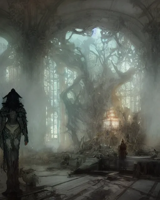 Image similar to inside the king's hall, wolves and their treasures, ethereal, ominous, misty, 8 k, by ruan jia and miho hirano and ruan jia and jeremy mann and alphonse mucha and greg rutkowski