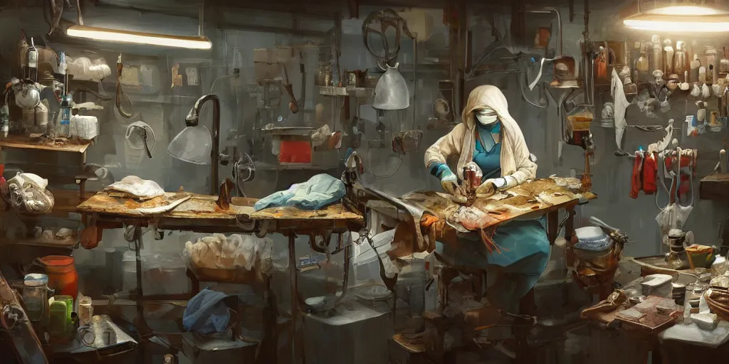 Image similar to an environmental concept art of a babushka surgeon in a cluttered mechanics workshop, surgical impliments, surgery table, highly detailed, cinematic, dramatic, cyberpunk