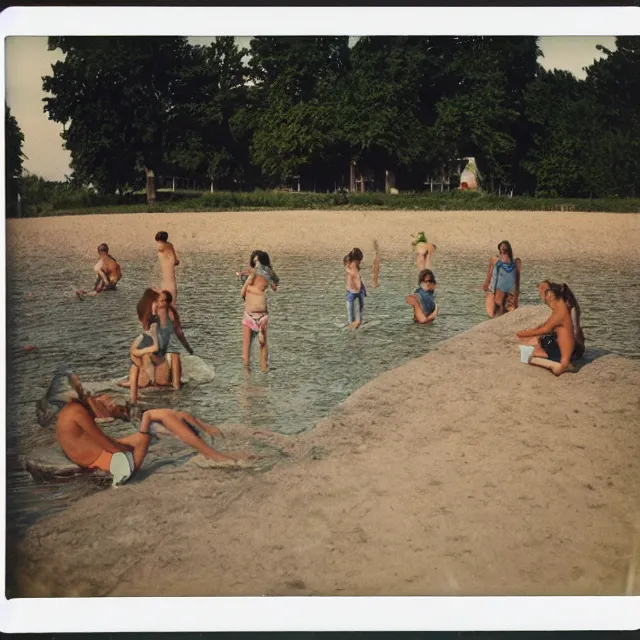 Prompt: polaroid photograph of ( ( ( ( ( ( ( ( balatonfured, a resort town in veszprem county, in hungary ) ) ) ) ) ) ) ), summer, july of 1 9 8 0
