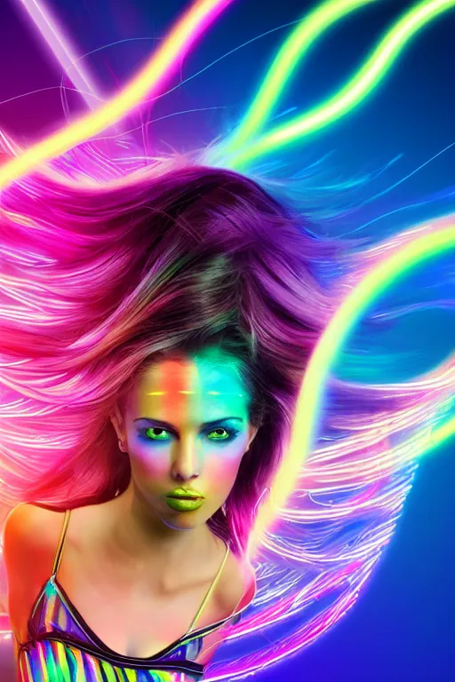 Image similar to a award winning half body portrait of a beautiful woman with stunning eyes in a croptop and leggings with reinbow colored ombre hairstyle head in motion and hair flying while dancing by thomas danthony, surrounded by whirling illuminated lines, outrun, vaporware, shaded flat illustration, digital art, trending on artstation, highly detailed, fine detail, intricate