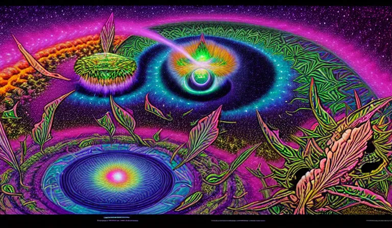 Image similar to an expansive rendering of beautiful and complex ultimate void and black holes by dan mumford, by jim fitzpatrick, by joe wilson, by jim burns, by victo ngai, by jacek yerka, surrounded with colorful magic mushrooms and rainbowcolored marihuana leaves, insanely integrate, featured on deviant art, trending on artstation