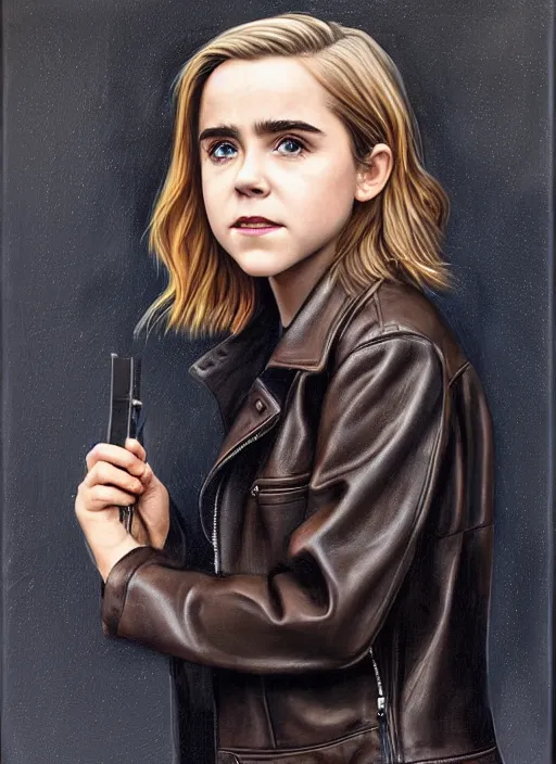 Prompt: portrait of kiernan shipka in the rain wearing a leather jacket, hyperrealistic, very detailed painting mark brooks