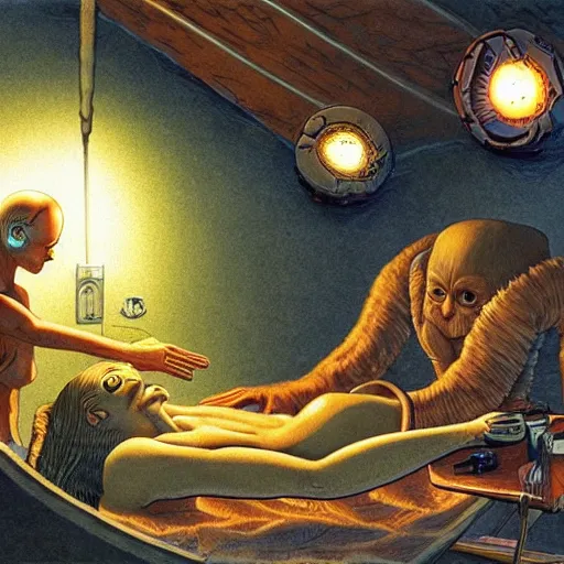 Prompt: primitive extraterrestrial villagers at bedside of severely injured unconscious short - haired blond woman, inside primitive hut, dramatic lighting, illustration, fantastic planet, ron cobb, mike mignogna, jim henson creature shop, science fiction, detailed painting, high detail, coherent, rough paper