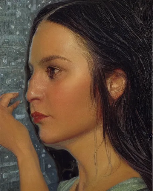 Image similar to Alba Baptista looking out the kitchen window at night, moonlight, light streaks, detailed face, by Kenne Gregoire