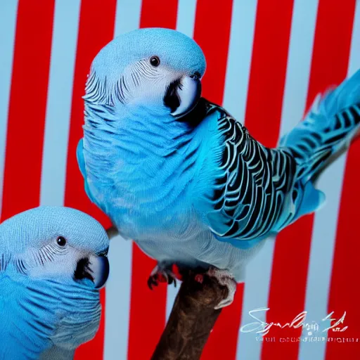 Image similar to Blue budgies wearing red and black checkered shirt, professional photography, studio lighting, 4k