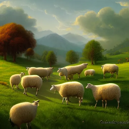 Prompt: sheep in pastoral scene, verdant valley, splendor, by gediminas pranckevicius