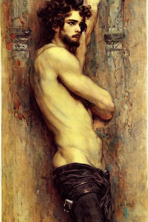 Image similar to attractive male, painting by gustave moreau, j. c. leyendecker