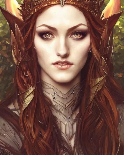 Image similar to portrait of katherine mcnamara elven mage, dark, piercing eyes, gentle expression, elegant clothing, photorealistic, highly detailed, artstation, smooth, sharp focus, art by michael whelan, artgerm, greg rutkowski and alphonse mucha