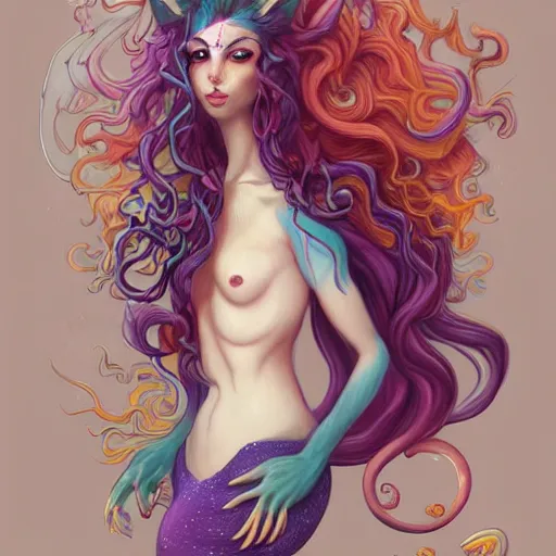 Image similar to cat seahorse mermaid shapeshifter, long-haired humanoid fursona by Peter Mohrbacher and Louis Wain, furaffinity, trending on artstation