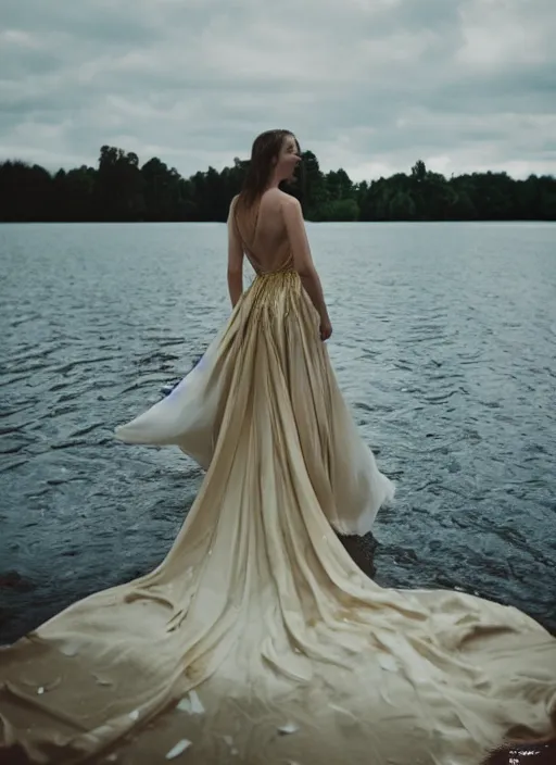 Image similar to a 2 8 mm holga photo from the back of a woman in a formal gown at the edge of a lake, splash art, movie still, bokeh, canon 5 0 mm, cinematic lighting, dramatic, film, photography, golden hour, depth of field, award - winning, anamorphic lens flare, 8 k, hyper detailed, 3 5 mm film grain