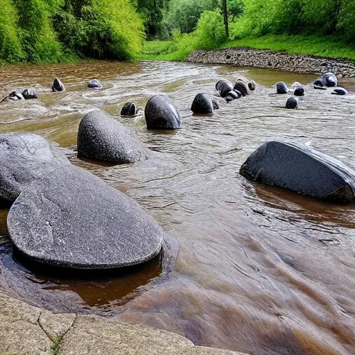 Image similar to detailed footage of european hunger stones in a river, photographic journalism, realistic, european river, carvings of drought and famine