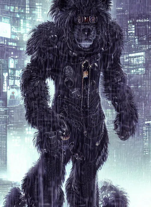 Prompt: character portrait of a male anthro black lion fursona with a cute beautiful attractive detailed furry face wearing stylish cyberpunk clothes in a cyberpunk city at night while it rains. hidari, color page, tankoban, 4K, tone mapping, Akihiko Yoshida.