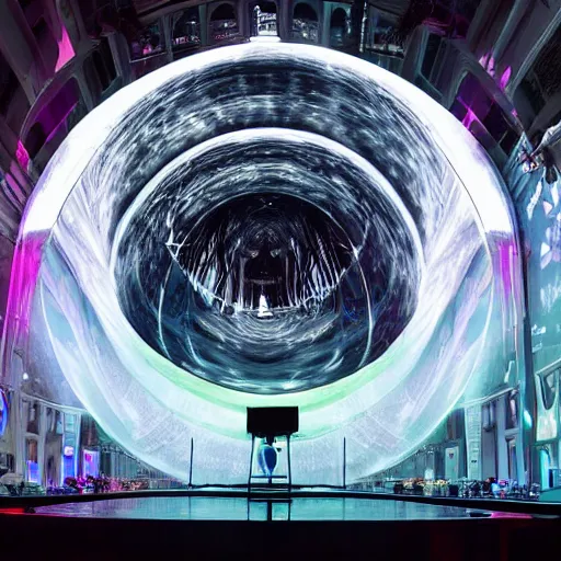 Prompt: large scale art installation. generative visuals about space projected on single big suspended sphere inside giant and dark printworks london venue. big mirror floor reflect sphere and piano. live music piano concert. stage design. fog, hazer and light in dark