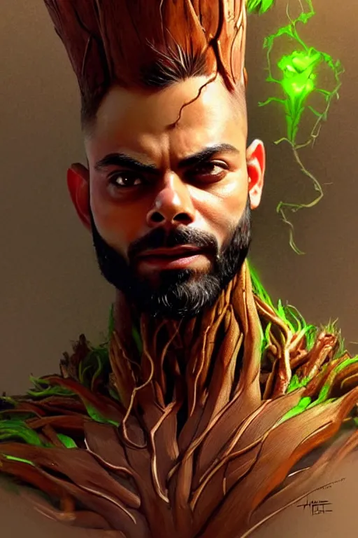 Image similar to Virat Kohli as Groot, Groot costume, Virat Kohli Face, cute, portrait, masculine figure, highly detailed, digital painting, artstation, concept art, smooth, sharp focus, illustration, cinematic lighting, art by artgerm and greg rutkowski and alphonse mucha