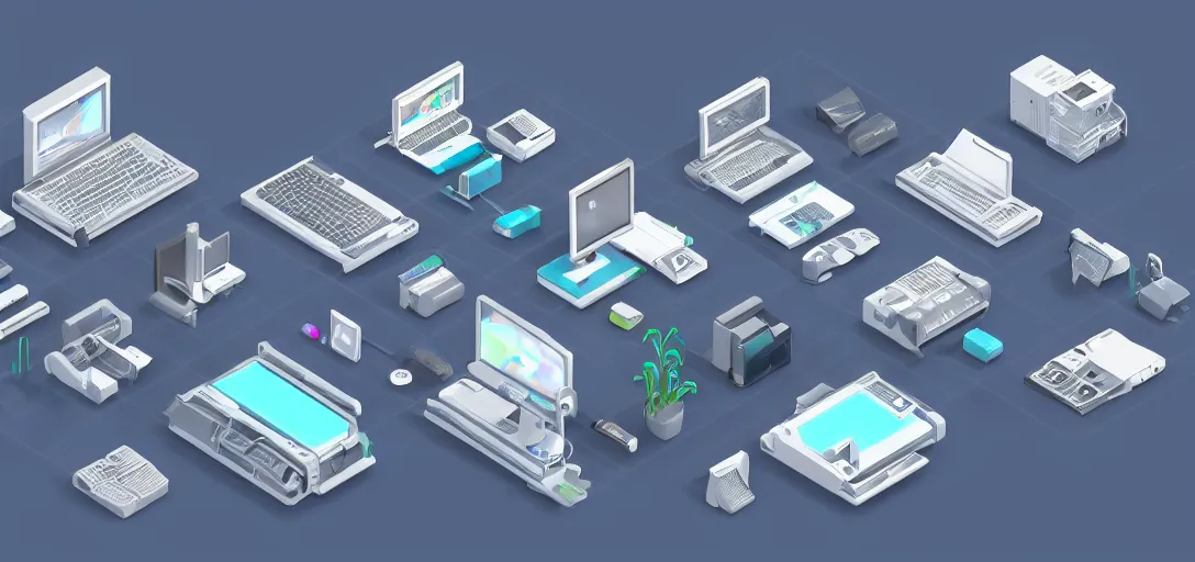 Image similar to Isometric 3d octane render of computer icons