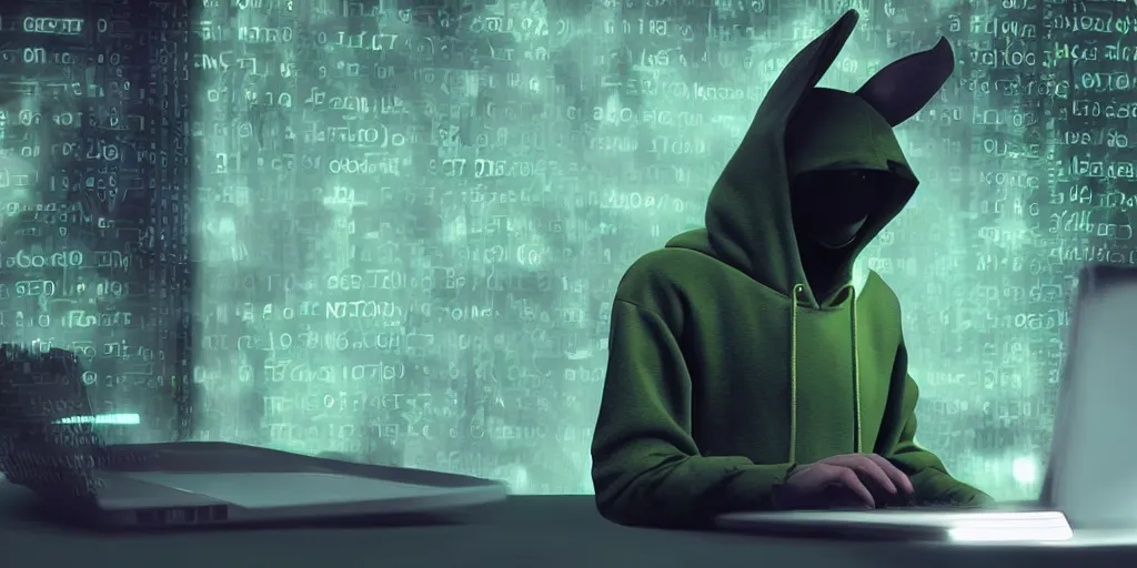 Prompt: donkey wearing a black hoodie sweatshirt in a dark room hacking into a computer using a laptop, matrix style falling green text in the background, vaporwave, cyberpunk