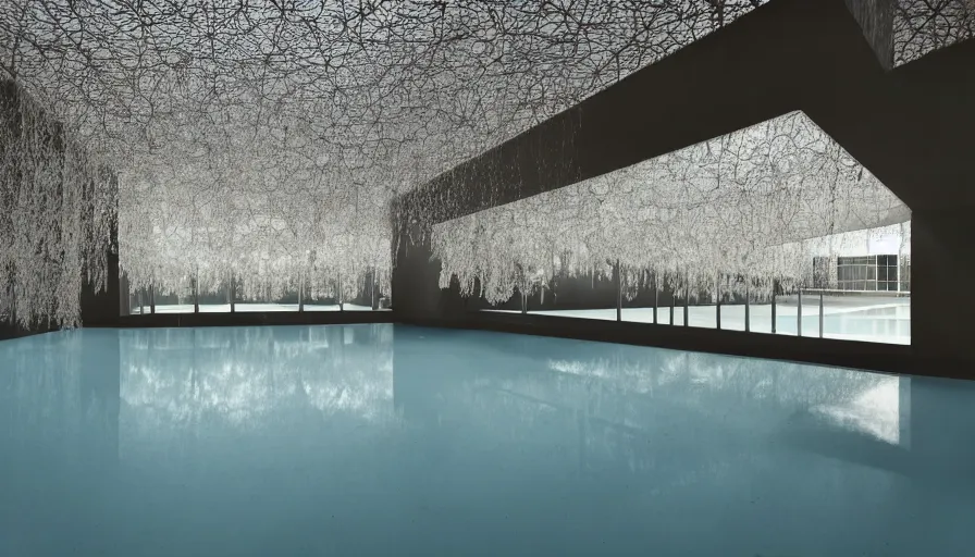 Prompt: symmetrical establishing shot of The unsettling courtyard of a monochrome modernist hotel designed by Luis Barragán, An empty swimming pool in the foreground. Walls are made of delicate lace of white slime mold. Single point perspective photographed by Wes Anderson and Andreas Gursky. Cinematic, dramatic lighting, moody, eerie, illustration, uncanny, creepy Sigma 75mm, very detailed, golden hour, Symmetrical, centered, intricate, Dynamic Range, HDR,