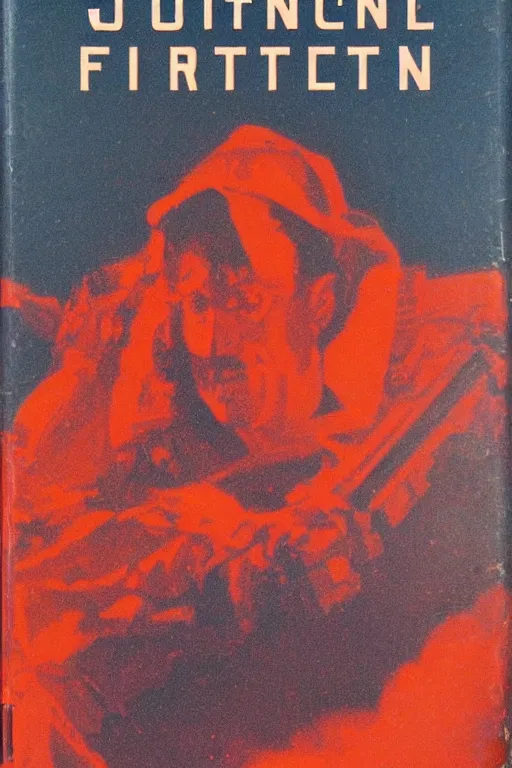 Prompt: vintage science fiction book cover titled 'Geoffrey van Dijk', depicting a strange journey, red color bleed, warm tones, film grain, focus