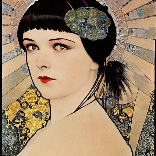 Image similar to louise brooks wearing an elaborate chinese cloud headdress beautiful detailed romantic art nouveau lithograph face portrait by alphonse mucha and gustav klimt, hauntingly beautiful refined moody dreamscape