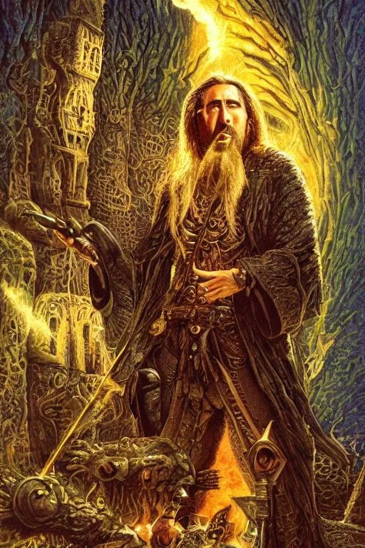 Image similar to Nicolas Cage as wizard, fantasy, intricate, highly detailed, illustration by ken kelly