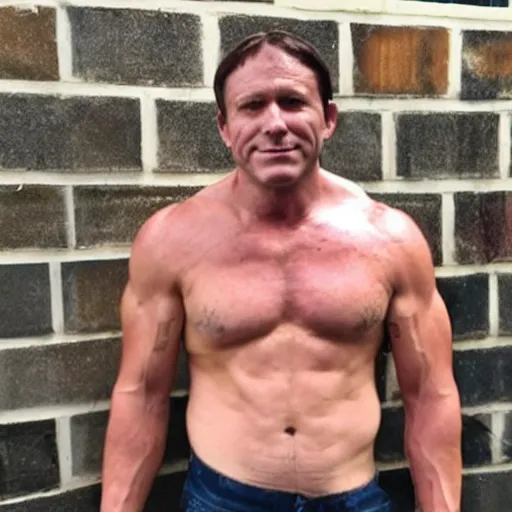 Prompt: photo of a 4 0 year old man that looks young for his age that takes hgh and testosterone. he has no shirt on and his muscles are in view.