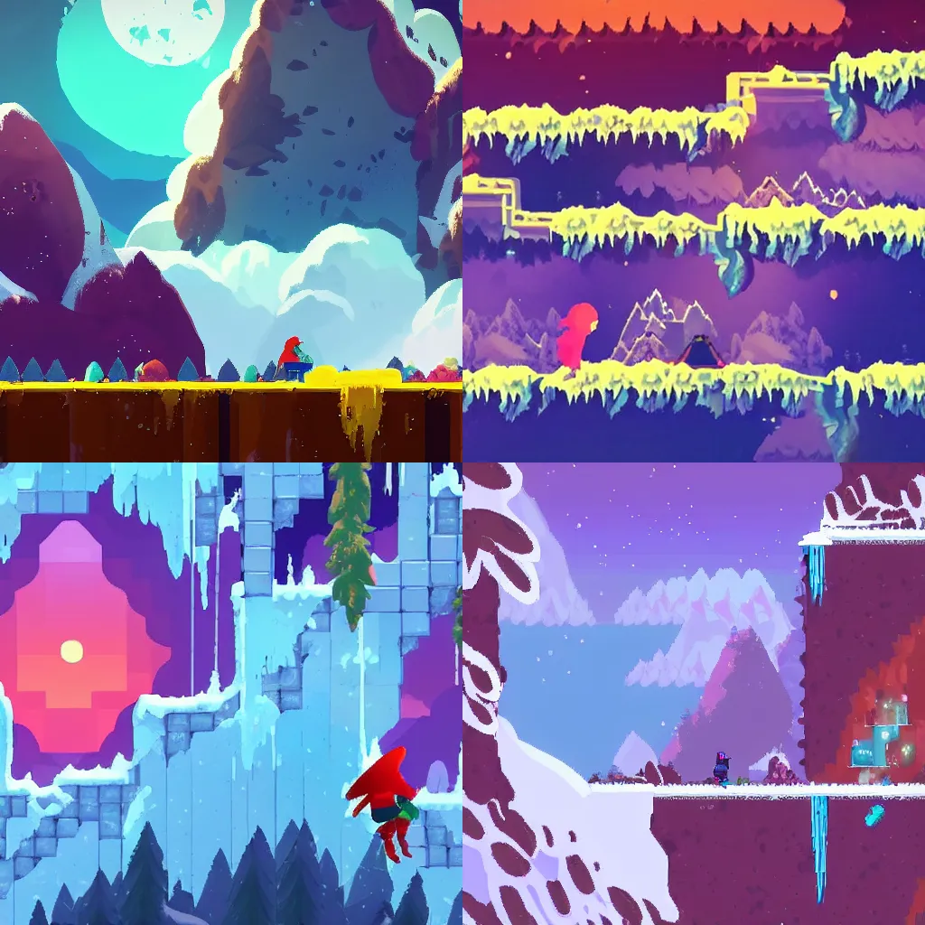 Prompt: Celeste the game about a girl climbing a mountain