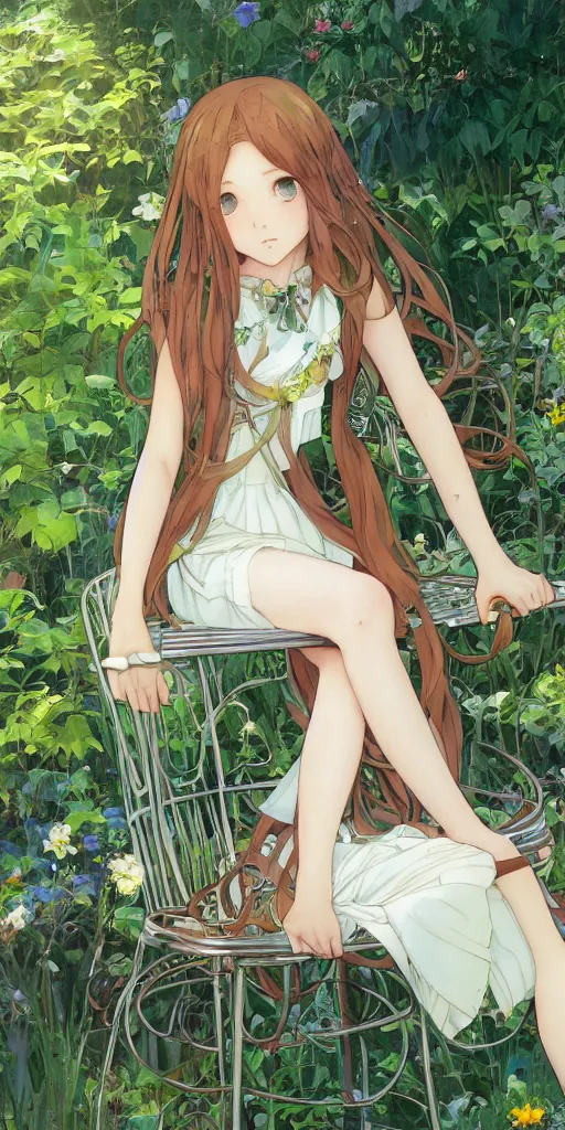 Image similar to a close up of a loli with long hair in a dress sitting on a metal garden chair in the privet garden at afternoon, green and warm theme, back lighting, by krenz cushart and mucha and akihito yoshida and greg rutkowski and makoto shinkai and studio ghibli, detailed eyes, 4 k resolution, trending on art station