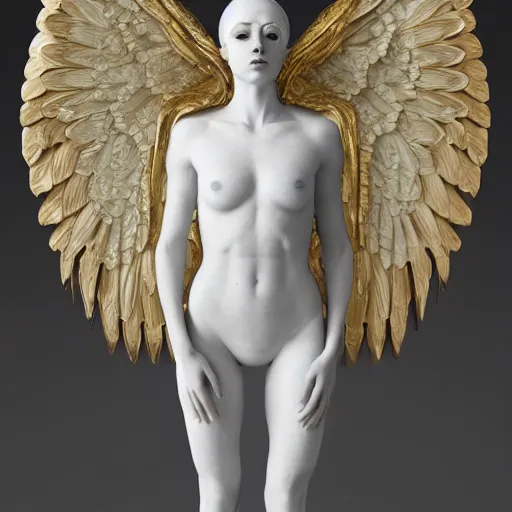 Image similar to a statue made of white marble with gold veins, of an beautiful angel girl, perfect symmetrical body, perfect symmetrical face, no eyes, hyper realistic, hyper detailed, fujicolor superia 1 6 0 0 photo, full body shot, by peter kemp, by monia merlo octane render, blender, 8 k