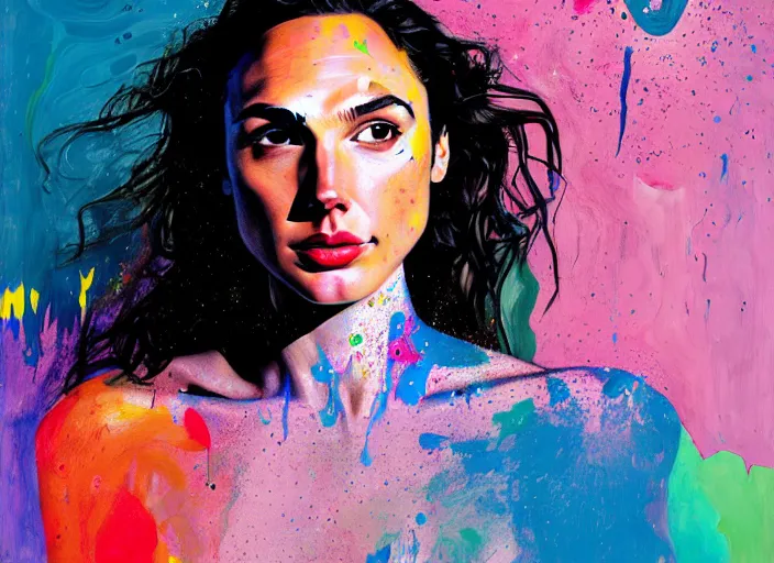 Image similar to portrait of gal gadot, by vincent lefevre and hernan bas and pat steir and hilma af klint, psychological, photorealistic, dripping paint, washy brush, rendered in octane, altermodern, masterpiece