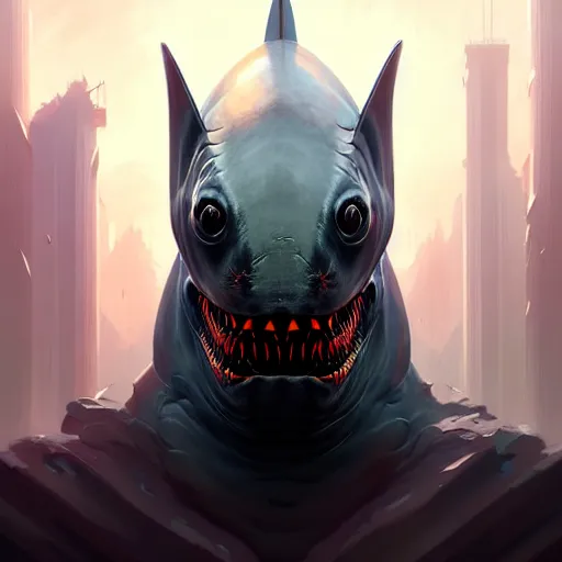 Image similar to professional ominous concept art portrait of a shark - human chimera character by artgerm and greg rutkowski. an intricate, elegant, highly detailed digital painting, concept art, smooth, sharp focus, illustration, in the style of simon stalenhag, wayne barlowe, and igor kieryluk.