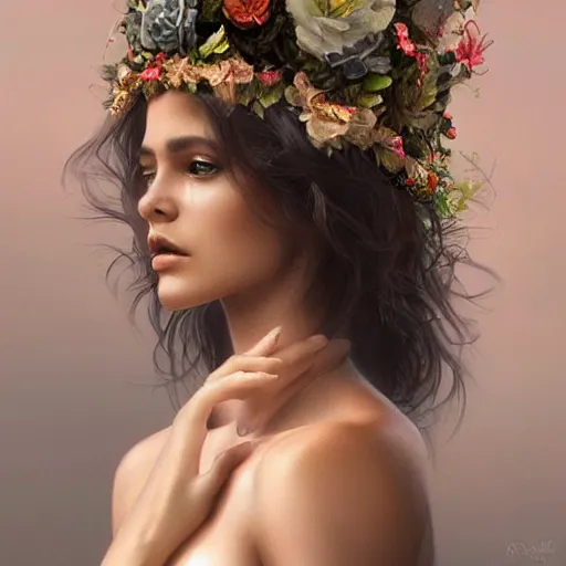 Prompt: Portrait of a Brazilan Supermodel wearing a floral crown, olive skin, long dark hair, beautiful bone structure, volumetric lighting, fog, silk cloth, intricate, elegant, highly detailed, digital painting, artstation, concept art, smooth, sharp focus, illustration, art by artgerm and greg rutkowski and alphonse mucha