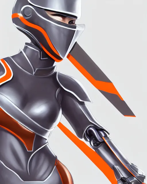 Prompt: concept art of a thicc female futurstic warrior, wearing a futuristic helmet, futurstic smooth slim fitted armor, sleek design, aerodynamic design, holding a large futurstic robotic bow, full body image, white and grey and orange gradient | | epic - fine - clean, polished, trending on artstation, brush strokes