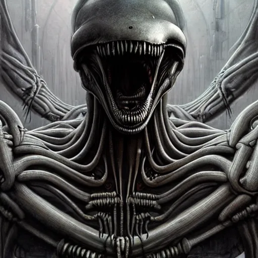 Image similar to a portrait of a beautiful biomechanic xenomorph queen of necropolis, horror concept art by giger and beksinski and szukalski, digital art, highly detailed, intricate, sci-fi, sharp focus, Trending on Artstation HQ, deviantart, unreal engine 5, 4K UHD image