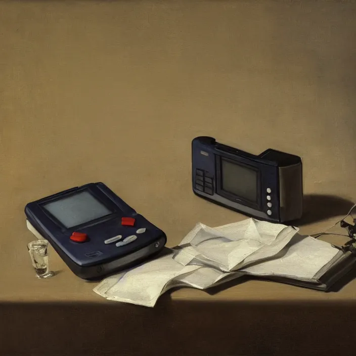 Prompt: still life painting of a gameboy by pieter claesz, oil on canvas, strong lighting, highly detailed, hyper realism, golden hour, god rays, hd, 4 k