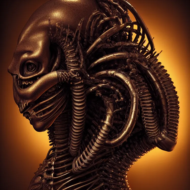 Prompt: biomechanical surreal ribbed spinal dark alien portrait, baroque painting, beautiful detailed intricate insanely detailed octane render, 8K artistic photography, photorealistic, chiaroscuro, Raphael, Caravaggio