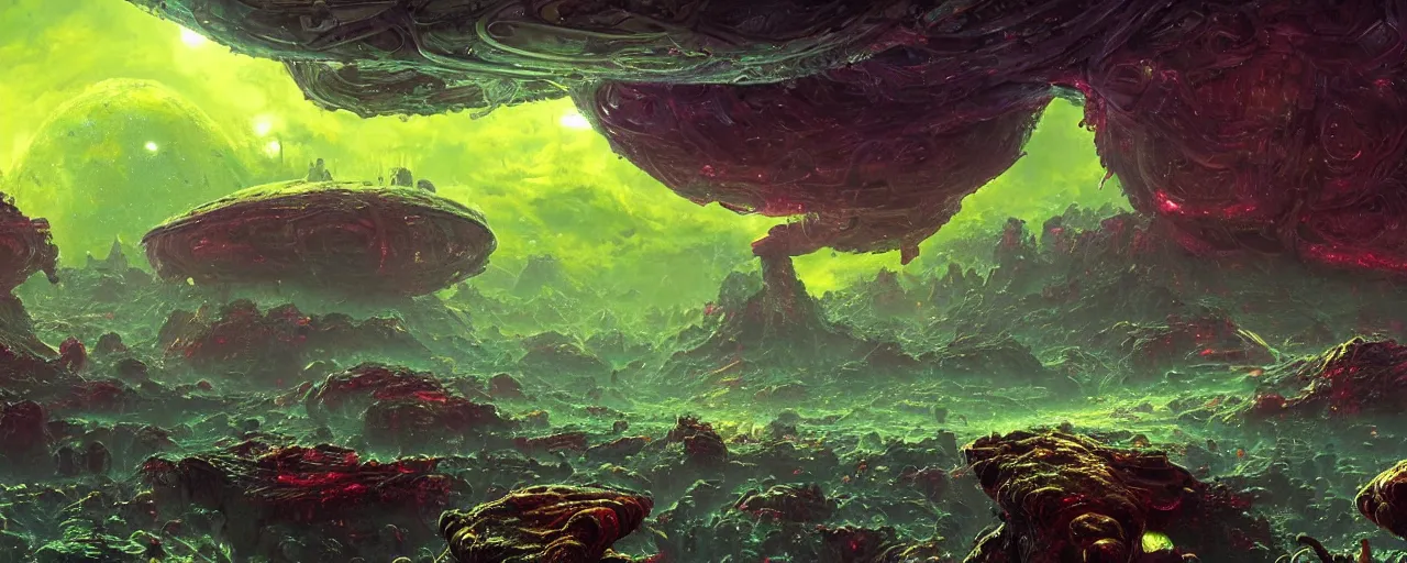 Image similar to ” alien landscape with slimy shiny surfaces, [ cinematic, detailed, epic, widescreen, opening, establishing, mattepainting, photorealistic, 4 k, octane render, art by paul lehr ] ”