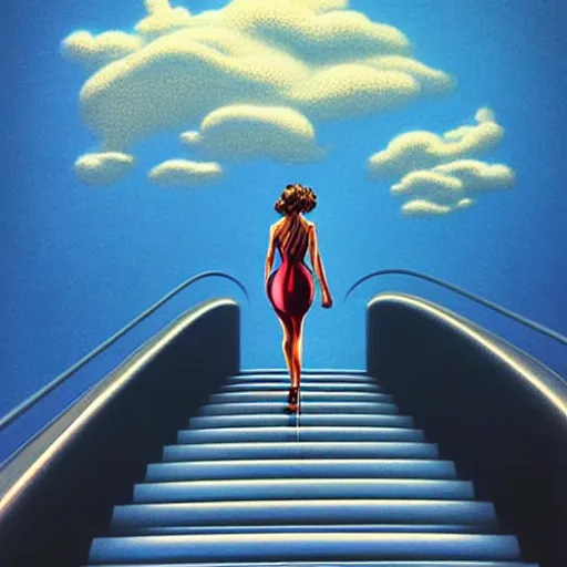 Image similar to portrait of woman walking up an infinity staircase in the clouds, sky background, art by peter lloyd, 1 9 8 0's art, retro art airbrush style, art by hajime sorayama,, intricate, elegant, sharp focus, illustration, highly detailed, concept art, matte, sharp focus, illustration, highly detailed, concept art, h 6 4 0