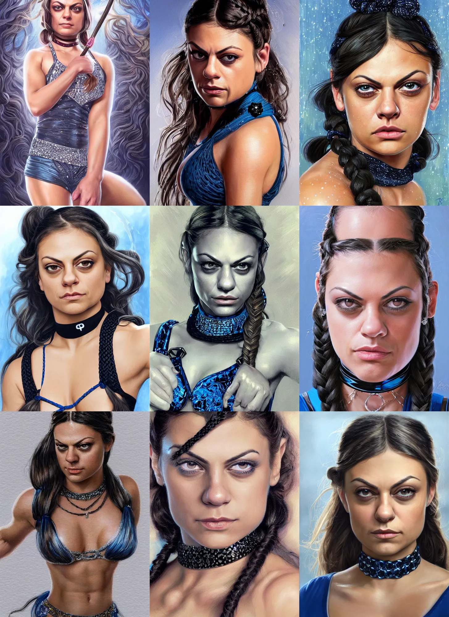 Prompt: portrait of cute muscled Mila Kunis with braided pigtails hair and bright blue squinting eyes looking directly into the camera, shiny sparkling diamonds, mouth slightly open, wearing intricate black choker, elegant, highly detailed, centered, digital painting, artstation, concept art, smooth, sharp focus, illustration, artgerm, donato giancola, Joseph Christian Leyendecker, WLOP, Boris Vallejo, Artgerm