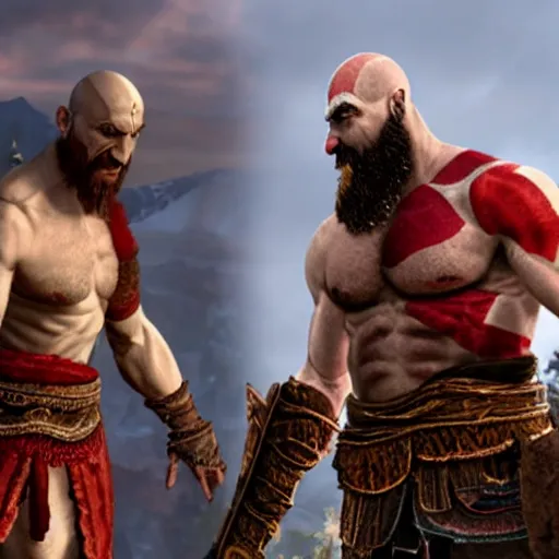 Prompt: kratos from god of war high fiving gus fring