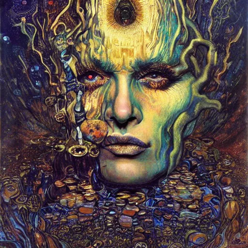 Image similar to Visions of Hell by Karol Bak, Jean Deville, Gustav Klimt, and Vincent Van Gogh, nightmare portrait, infernal, visionary, otherworldly, fractal structures, ornate gilded medieval icon, third eye, hellfire, spirals, horror