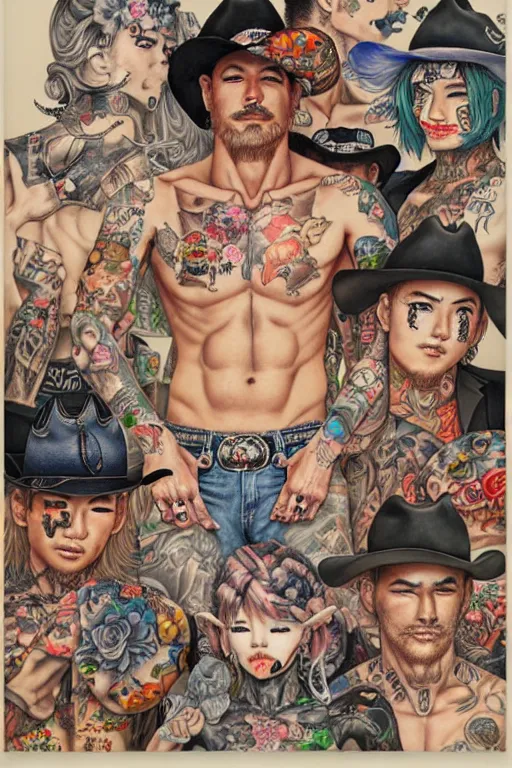 Image similar to full view, from a distance, of cowboys with tattoos, style of yoshii chie and hikari shimoda, highly detailed