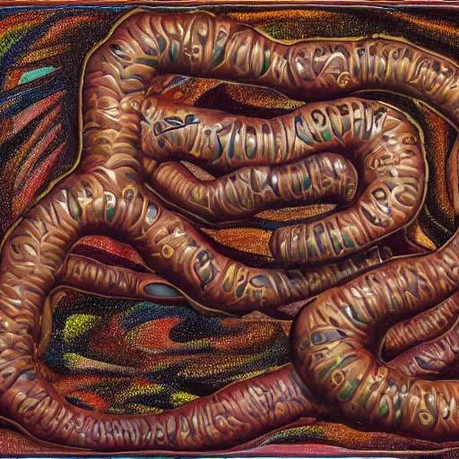 Image similar to constructivist by mati klarwein, by alex maleev, by malcolm teasdale tender. a land art of the human intestine in all its glory. each section of the intestine is labelled, & various items & creatures can be seen inside, such as bacteria, food particles, & even a little mouse.