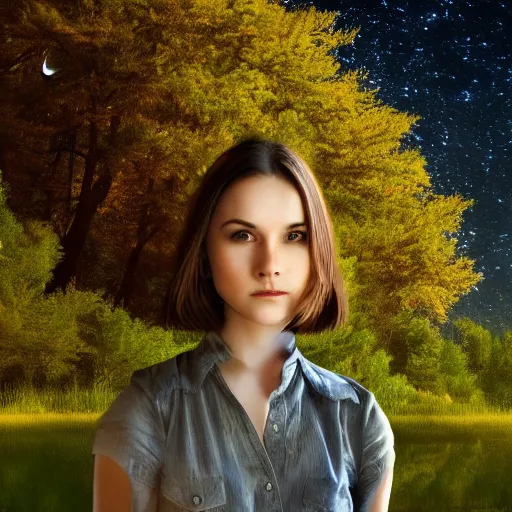 Prompt: an hd photo of a young woman with short brown hair and green eyes, beautiful trees in the background, night sky with stars and galaxies, trending on artstation