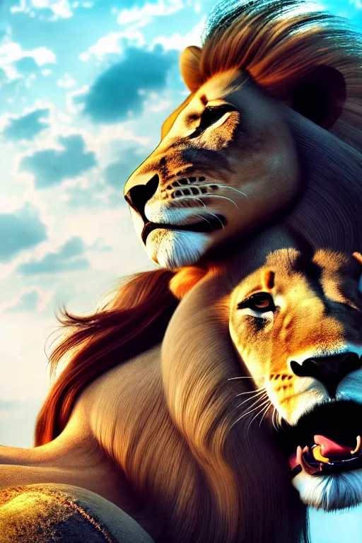 Prompt: girl riding on a lion, extremely detailed, high quality, 4 k, cinematic, dramatic lightning, photo realistic, beautiful face, highly detailed face