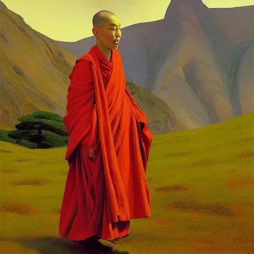 Image similar to sienna portrait of the astute monk crimson and sienna robe ascending the mountain to the monastery paro taktsang jamie wyeth james gilleard edward hopper oil painting