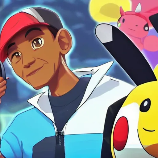 Image similar to key art of barack obama depicted as a pokemon trainer in pokemon sword and shield, he is commanding a pikachu to do battle, clean anime art, trending on twitter.